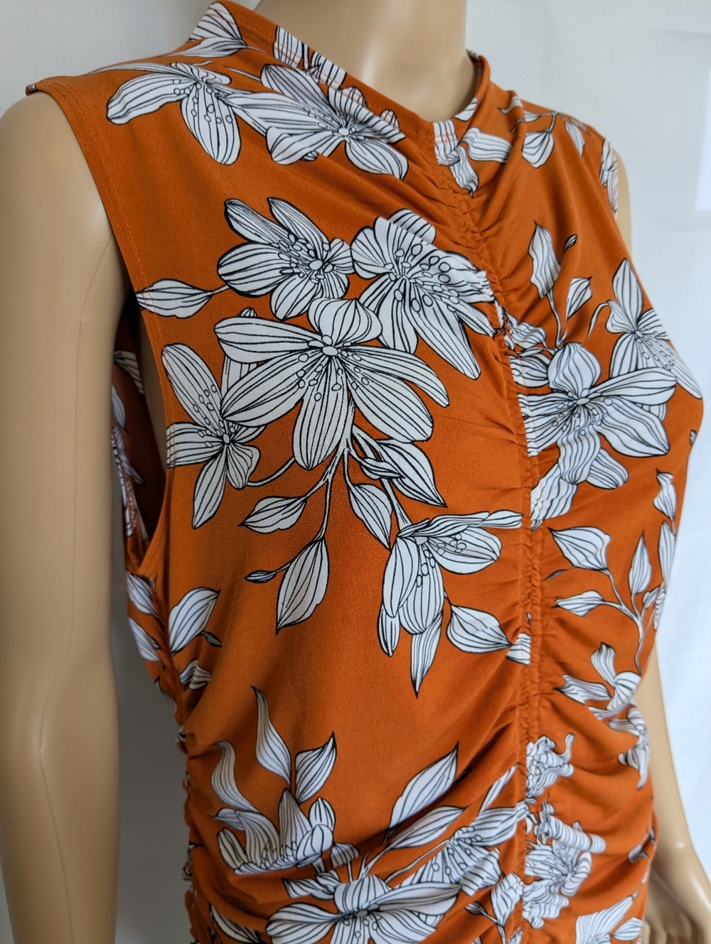 Calvin Klein | Ruched Sleeveless Floral Top | Rusty Orange | L